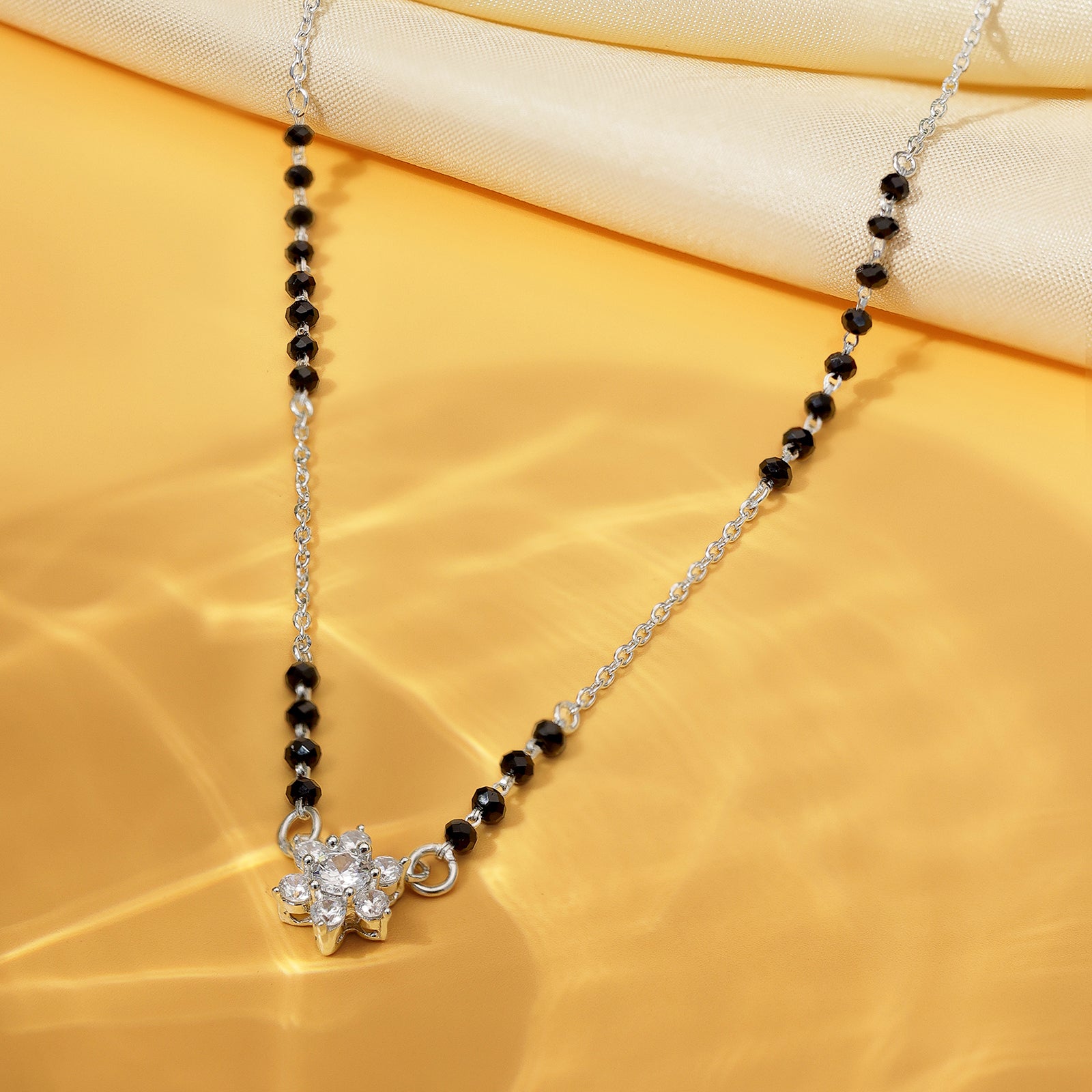 Black Crystal Beaded Floral Design Silver Mangalsutra - Tweov Jewels