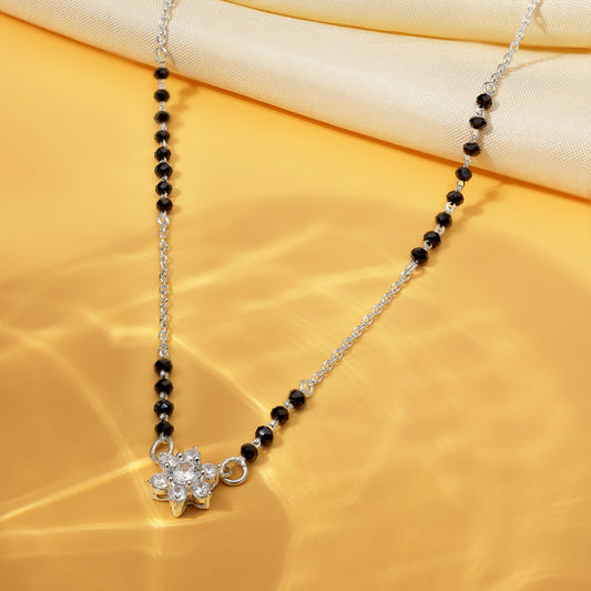 Black Crystal Beaded Floral Design Silver Mangalsutra