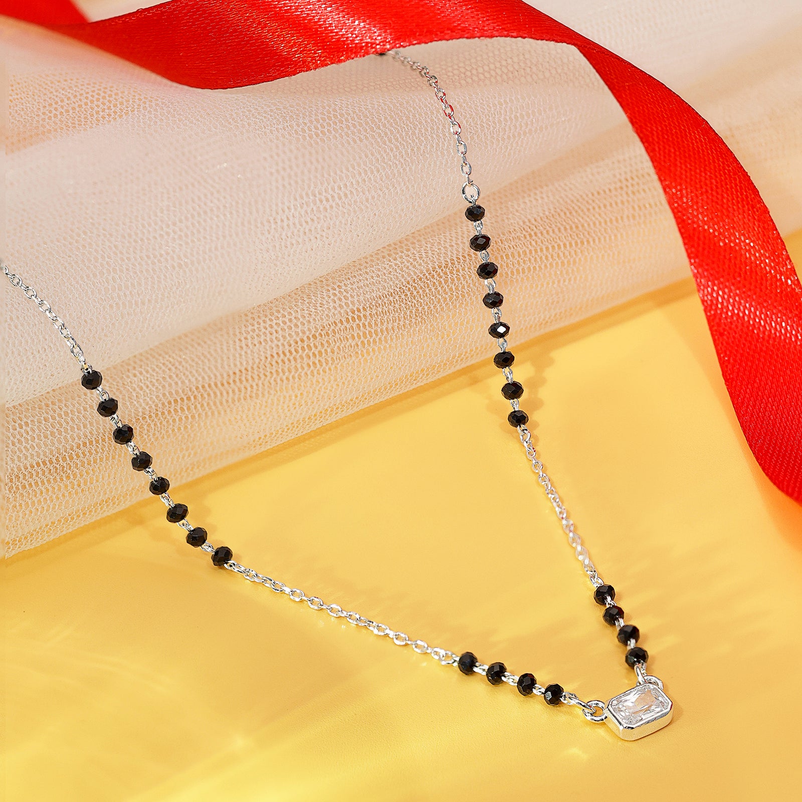 AD Studded Rectangle Solitaire Silver Mangalsutra - Tweov Jewels