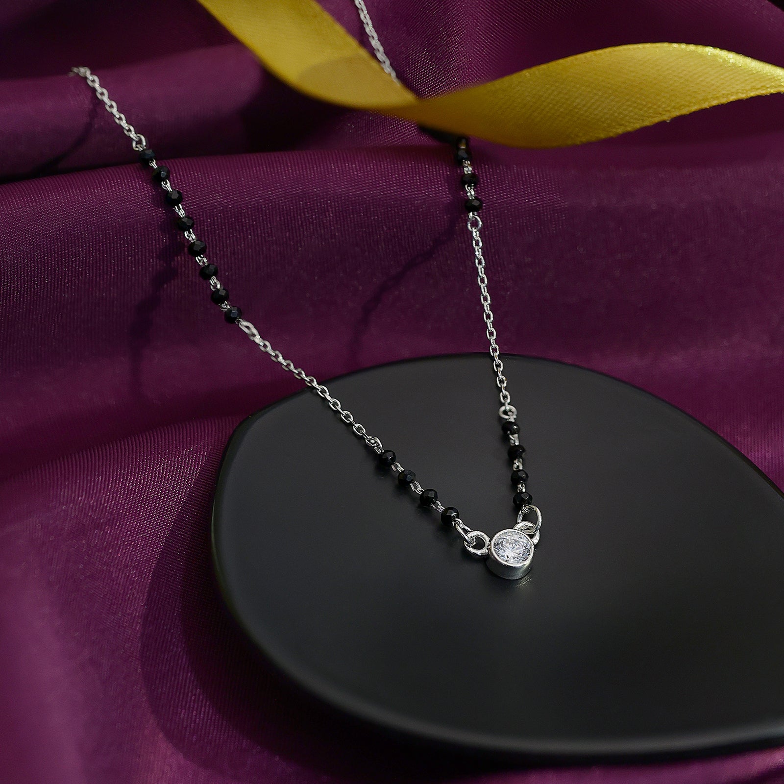 AD Studded Round Solitaire Silver Mangalsutra - Tweov Jewels