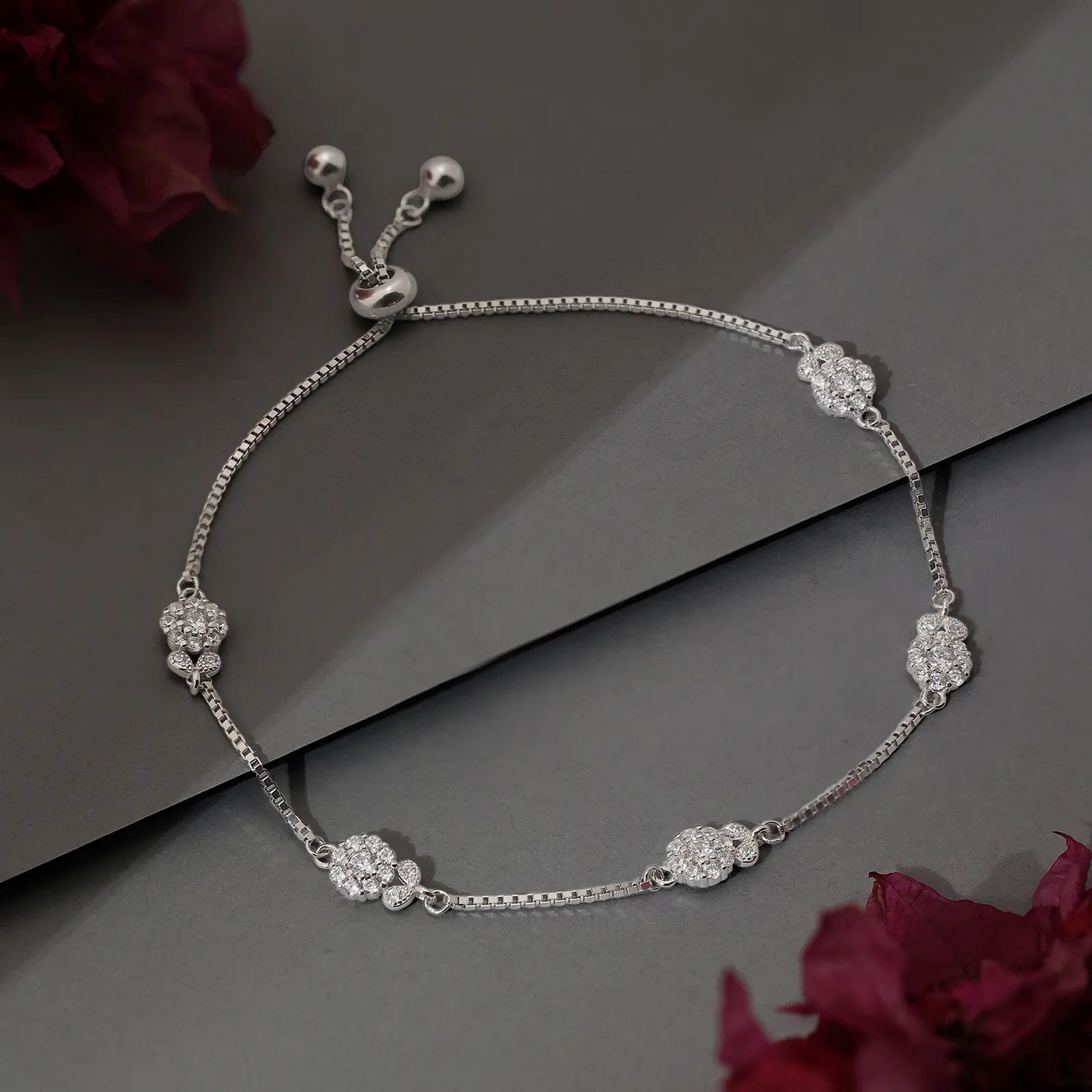 Floral Leaf Design Box Chain Silver Bracelet