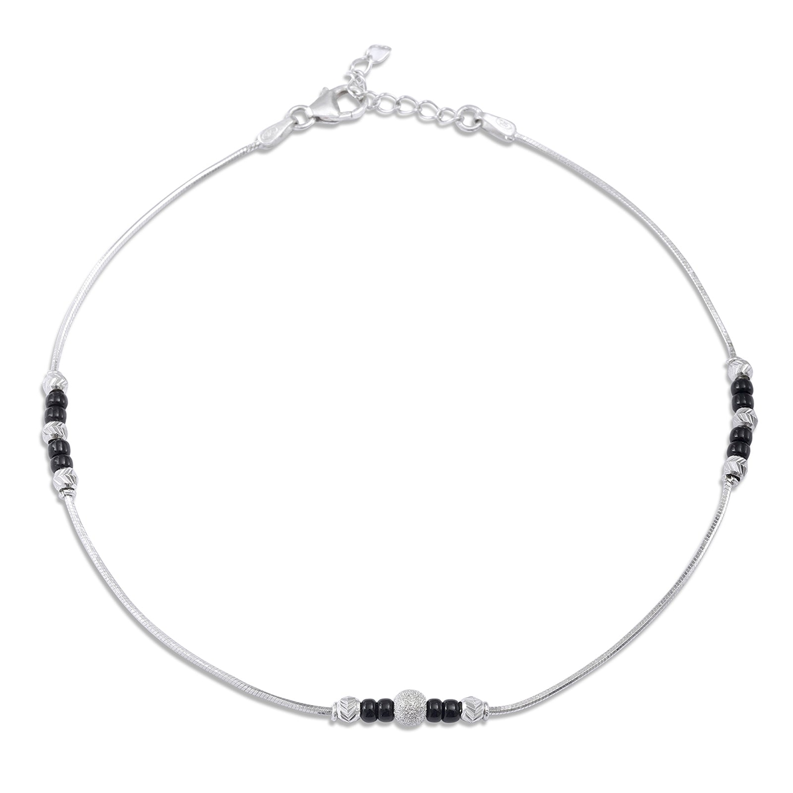 Black Beads Thin Silver Chain Anklet - Tweov Jewels