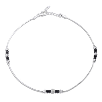 Black Beads Thin Silver Chain Anklet - Tweov Jewels