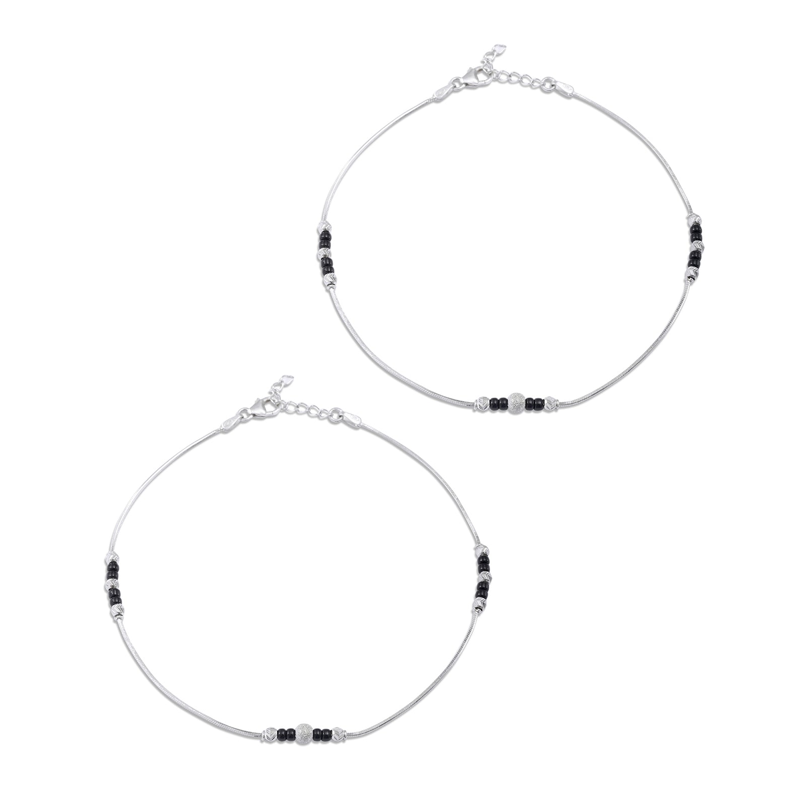 Black Beads Thin Silver Chain Anklet - Tweov Jewels