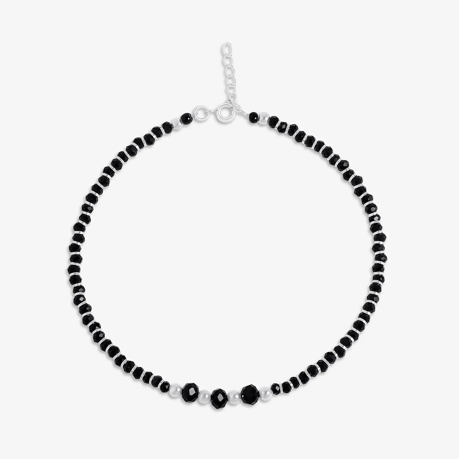 Black Crystal Beaded Silver Anklet