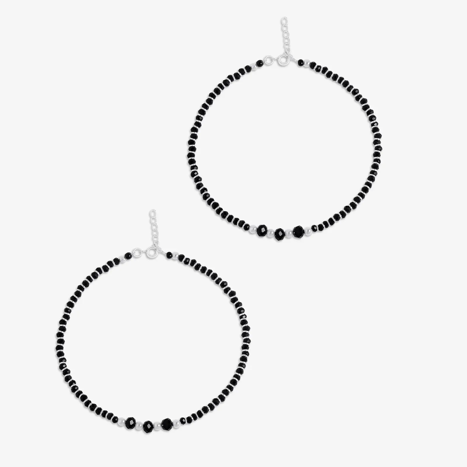 Black Crystal Beaded Silver Anklet