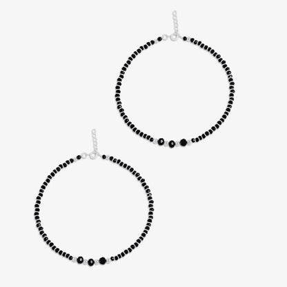 Black Crystal Beaded Silver Anklet