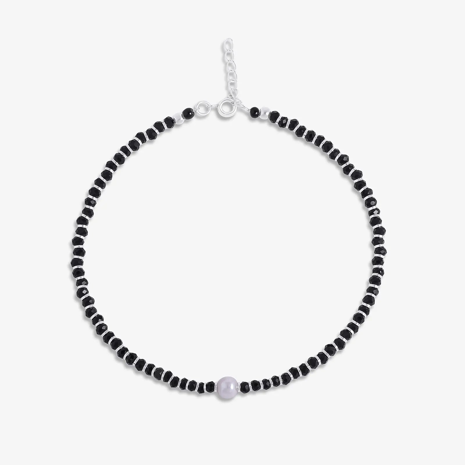 Shiny Pearl & Black Beads Silver Anklet