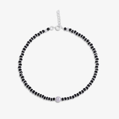 Shiny Pearl & Black Beads Silver Anklet