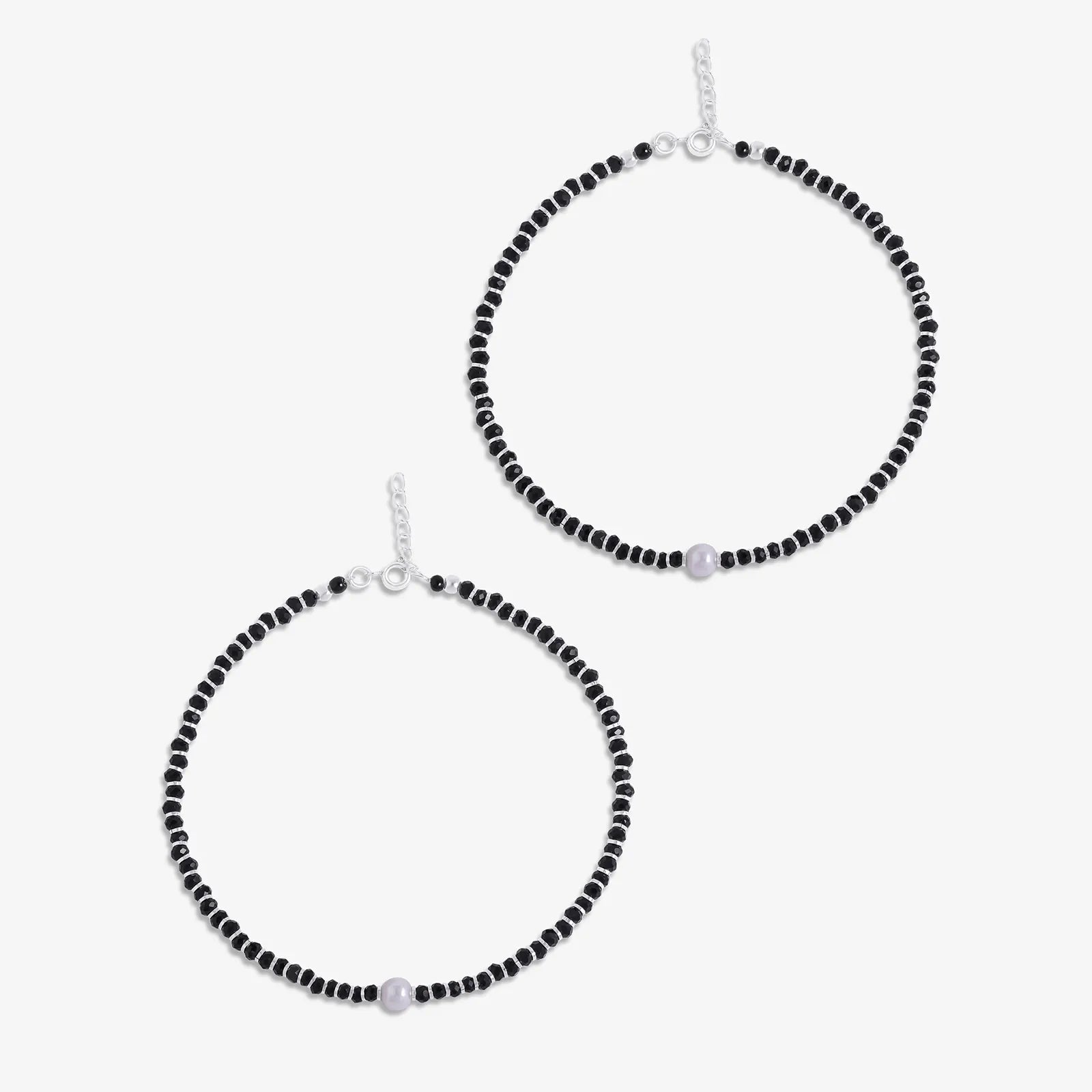 Shiny Pearl & Black Beads Silver Anklet