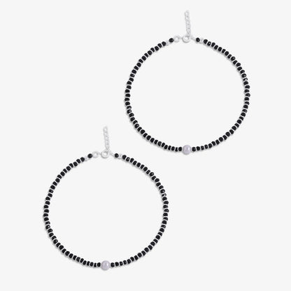 Shiny Pearl & Black Beads Silver Anklet