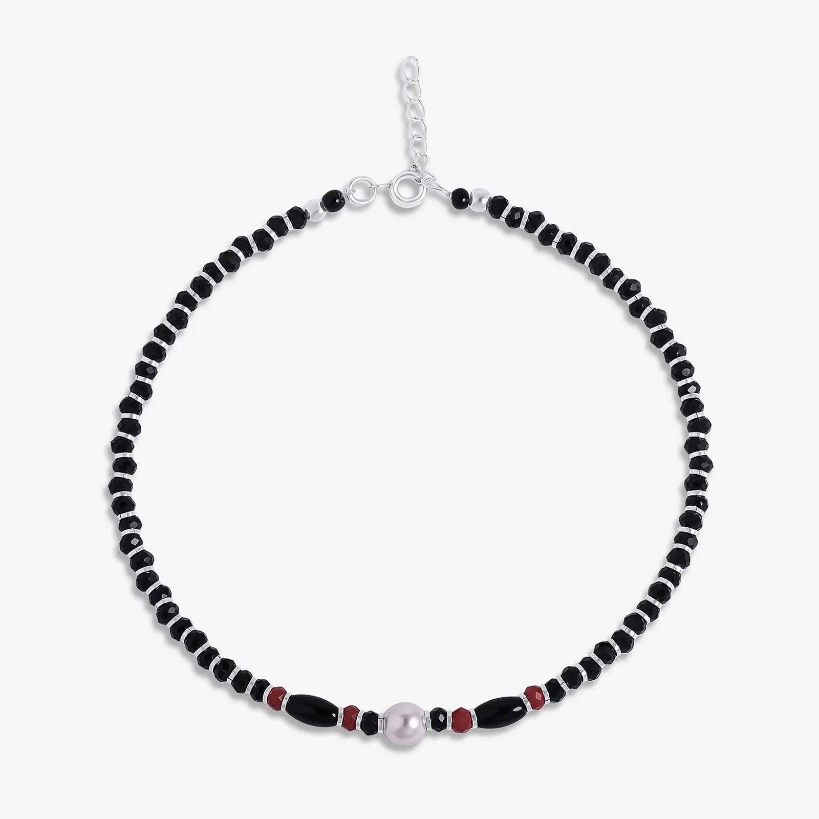 Pearl Charm & Red Black Beads Silver Anklet