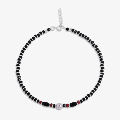 Pearl Charm & Red Black Beads Silver Anklet