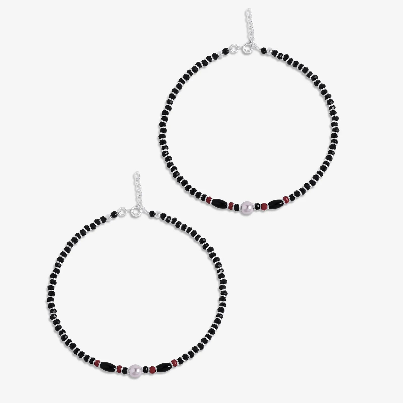 Pearl Charm & Red Black Beads Silver Anklet