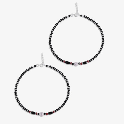 Pearl Charm & Red Black Beads Silver Anklet