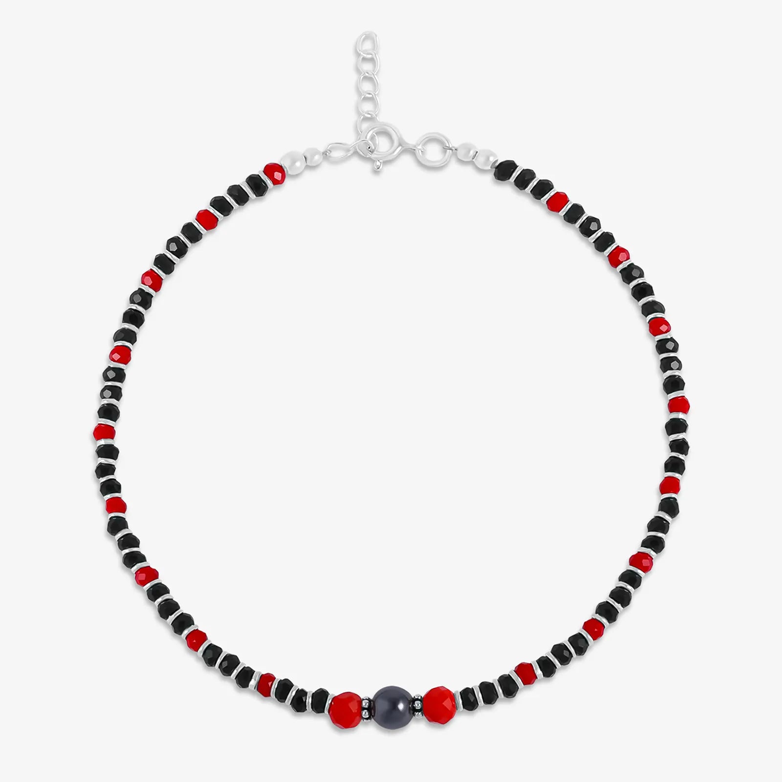 Ruby & Black Beads Silver Anklets