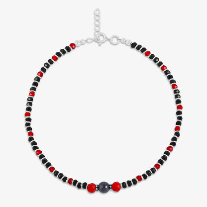 Ruby & Black Beads Silver Anklets