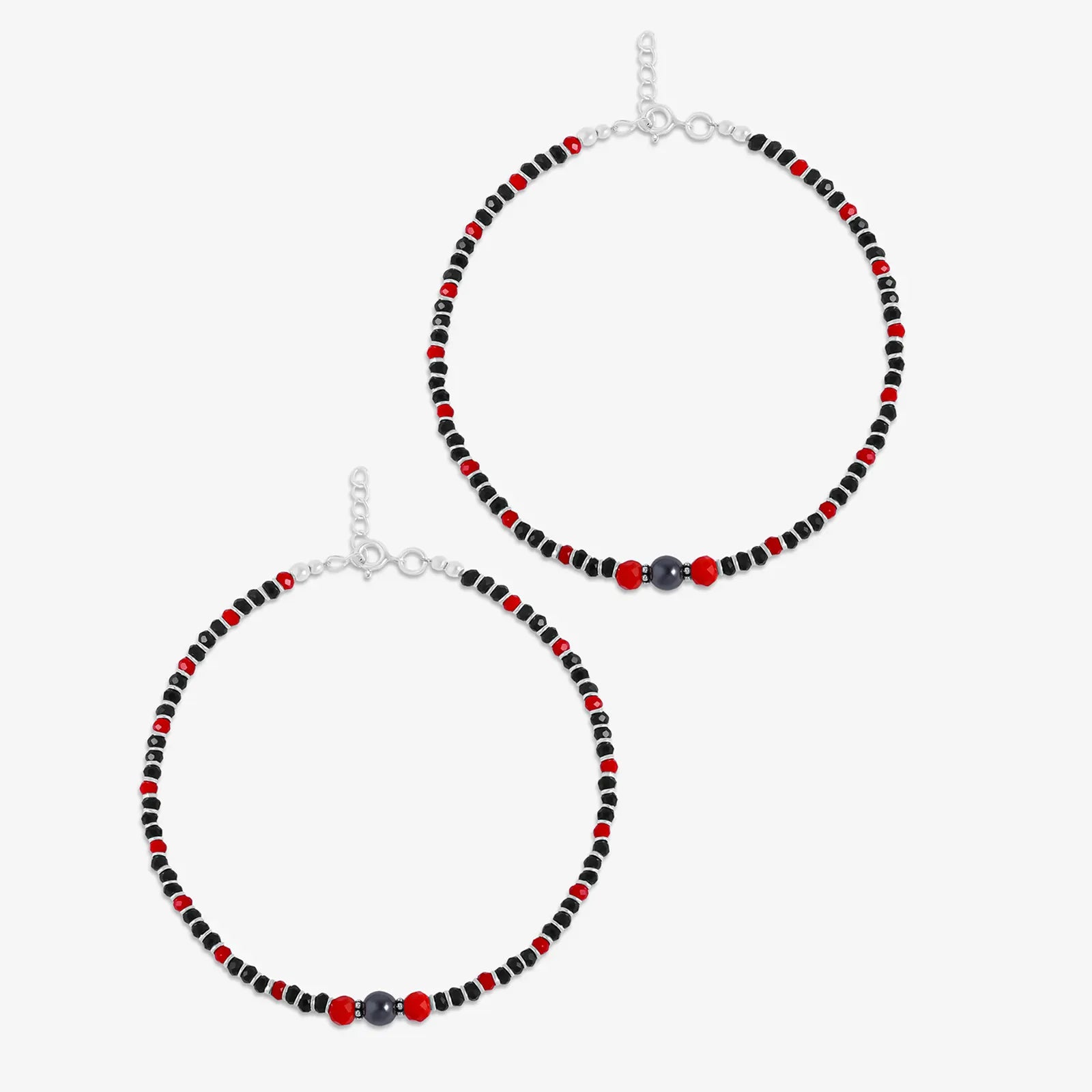 Ruby & Black Beads Silver Anklets