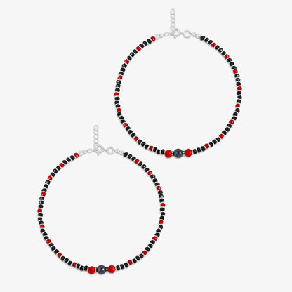Ruby & Black Beads Silver Anklets
