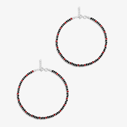 Trendy Red & Black Beads Silver Anklet