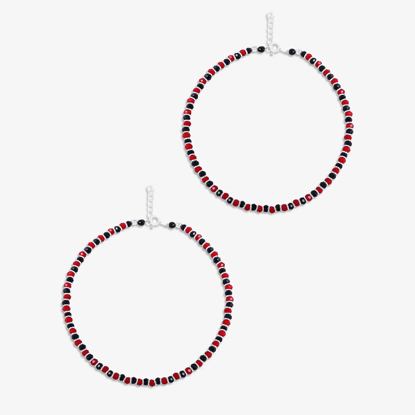 Red & Black Beads Silver Anklet