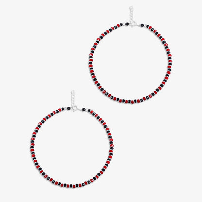 Red & Black Beads Silver Anklet
