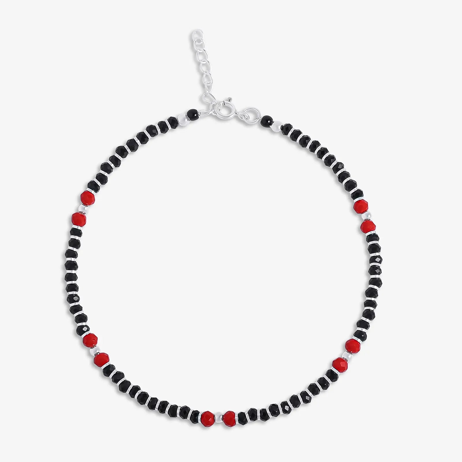 Beaded Red & Black Silver Anklet
