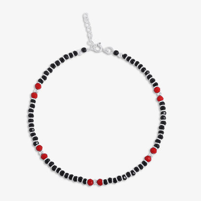Beaded Red & Black Silver Anklet