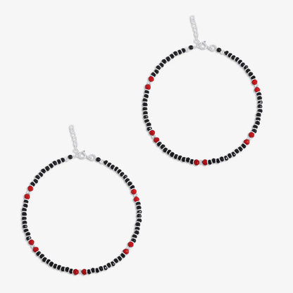 Beaded Red & Black Silver Anklet
