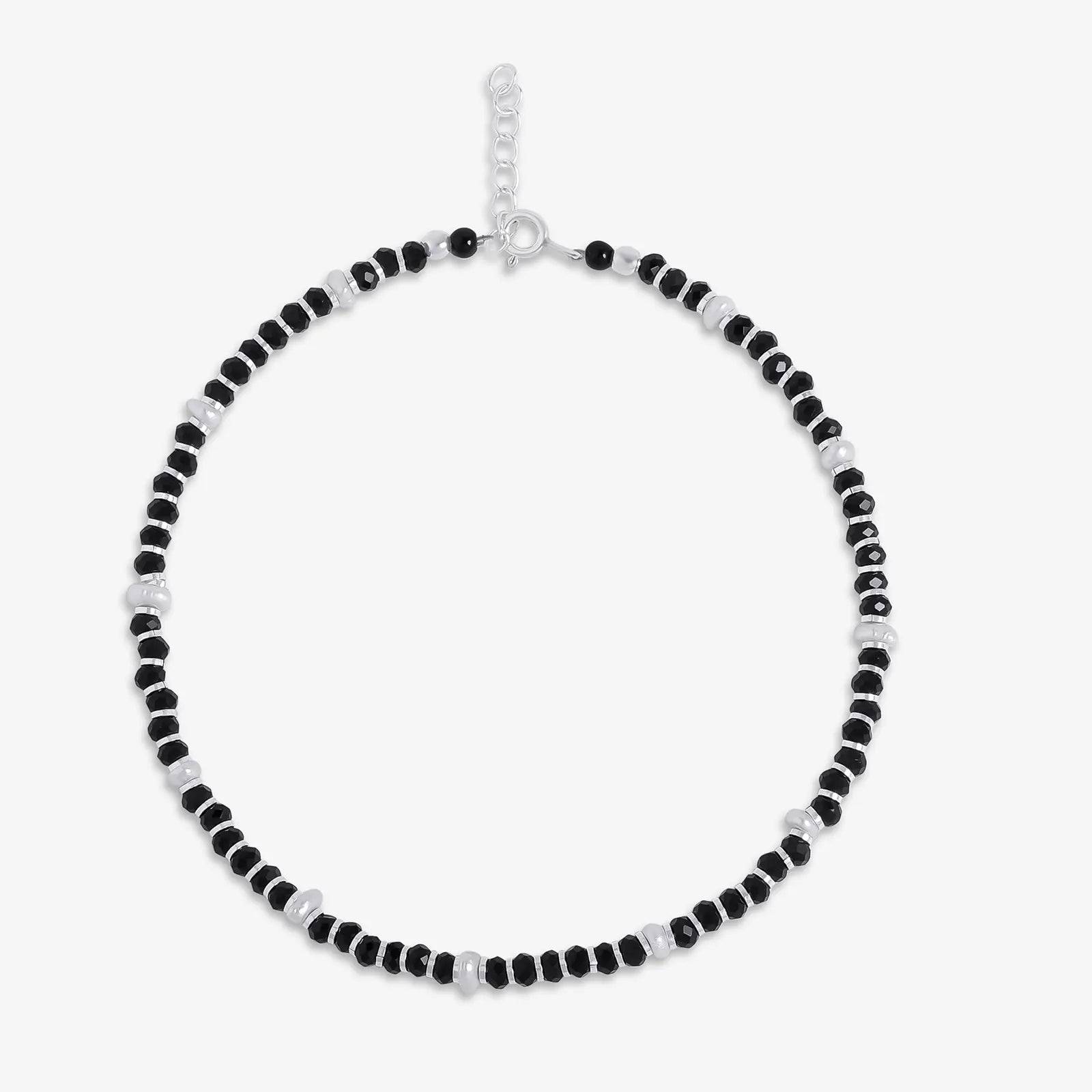 Classy White and Black Beads Silver Anklet