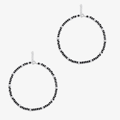 Classy White and Black Beads Silver Anklet
