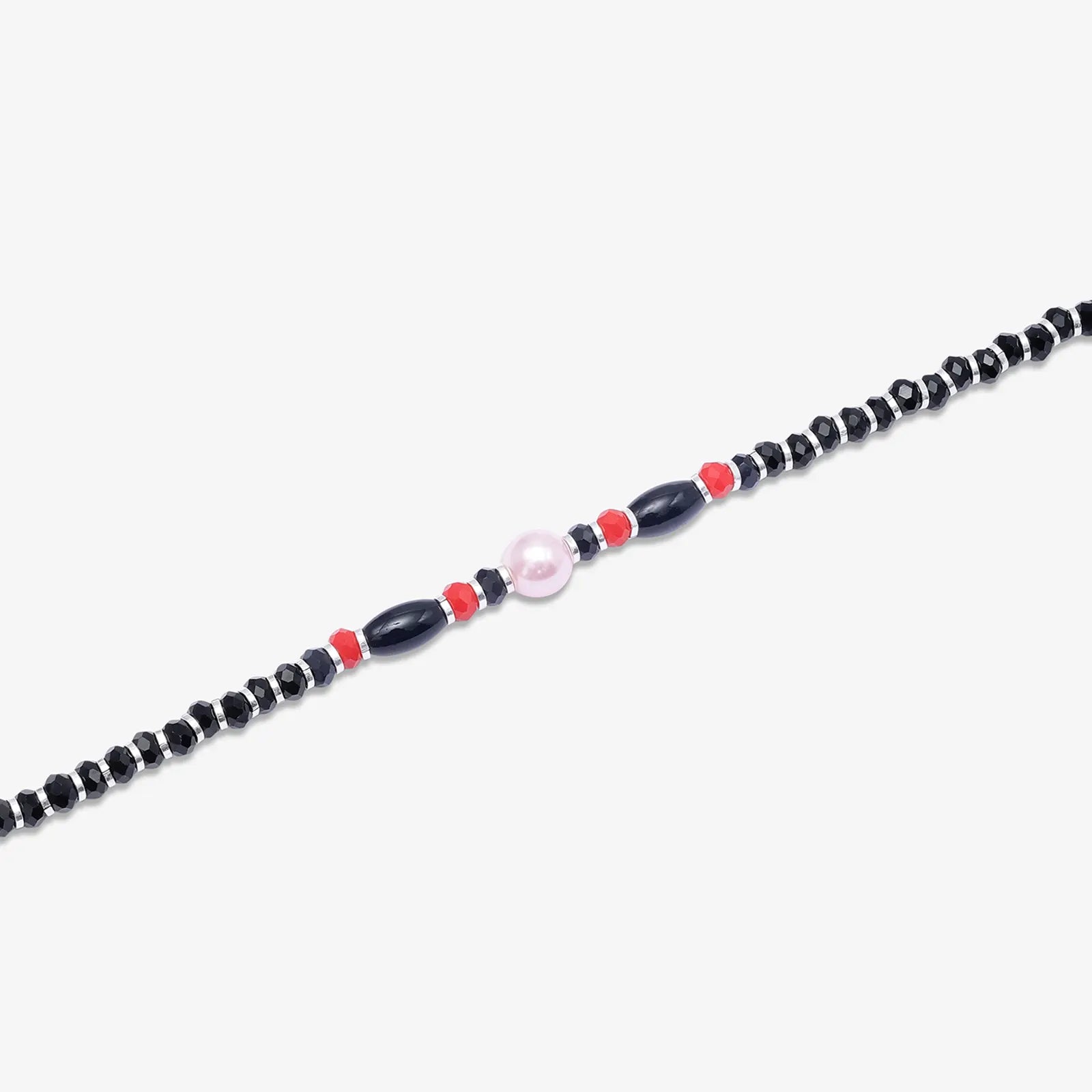 Pearl Charm & Red Black Beads Silver Anklet