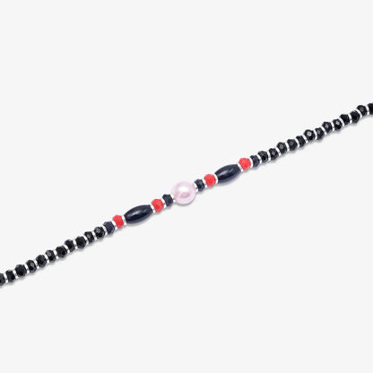 Pearl Charm & Red Black Beads Silver Anklet