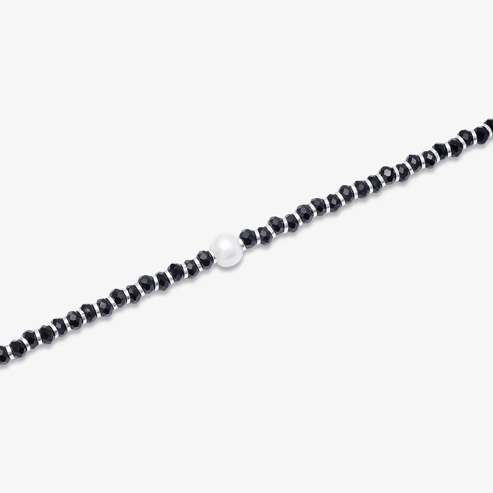 Shiny Pearl & Black Beads Silver Anklet
