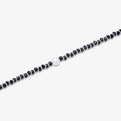 Shiny Pearl & Black Beads Silver Anklet
