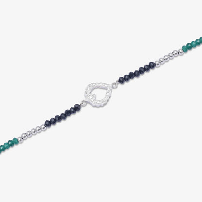 Black-Green Crystal Beaded Silver Heart Anklet