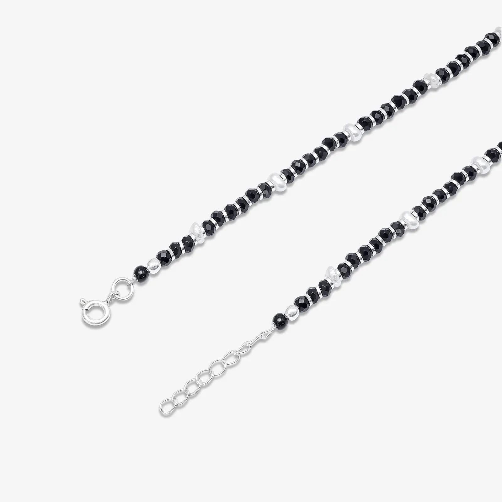 Classy White and Black Beads Silver Anklet