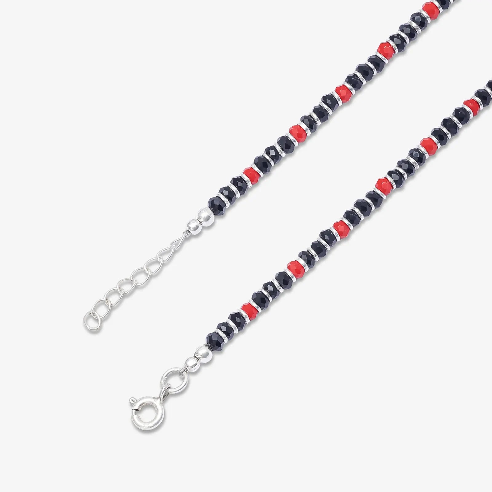 Ruby & Black Beads Silver Anklets