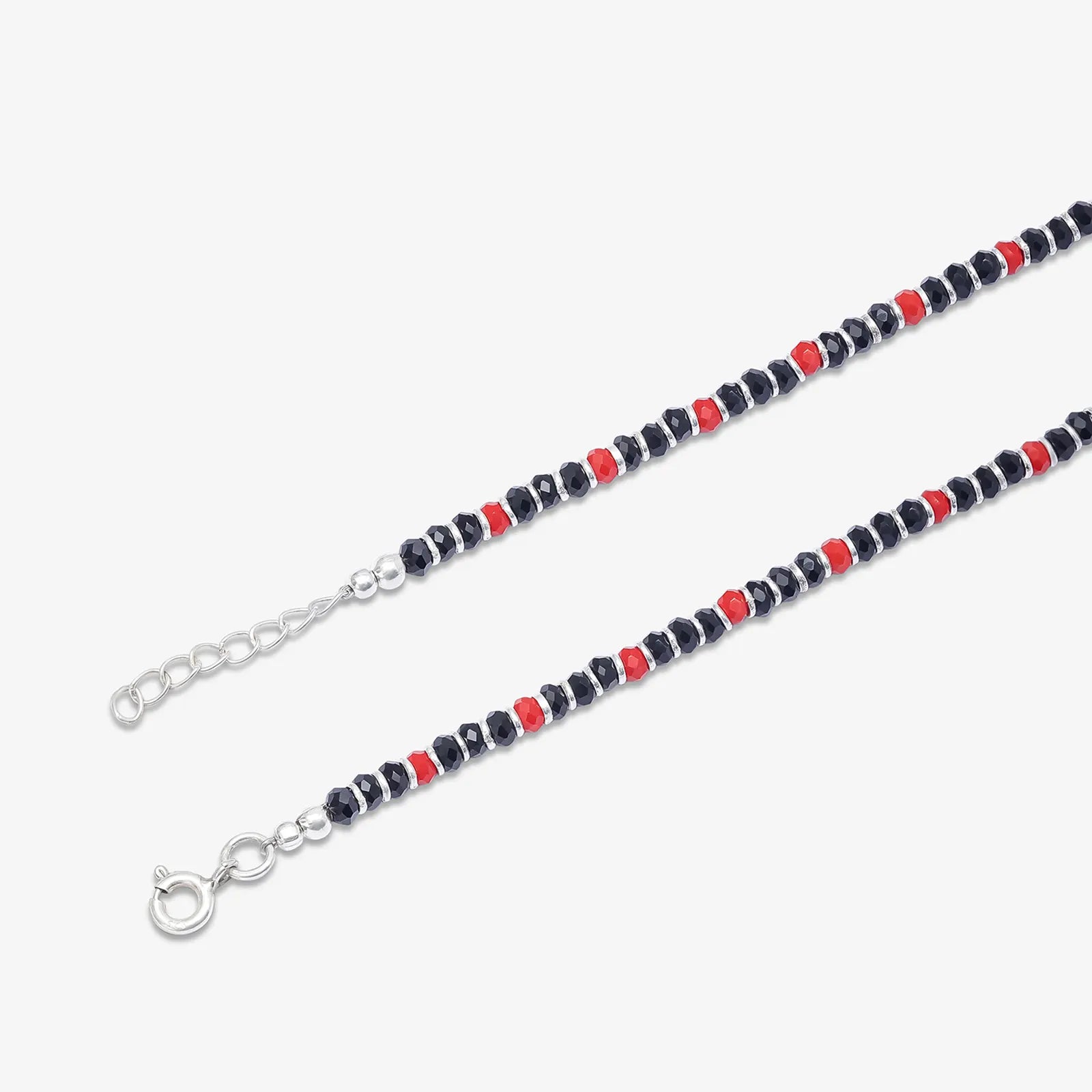Trendy Red & Black Beads Silver Anklet