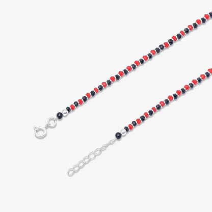 Red & Black Beads Silver Anklet