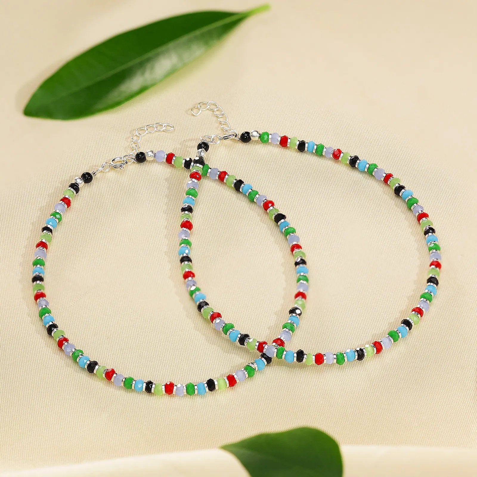 Multicolor Crystal Beads Silver Anklet