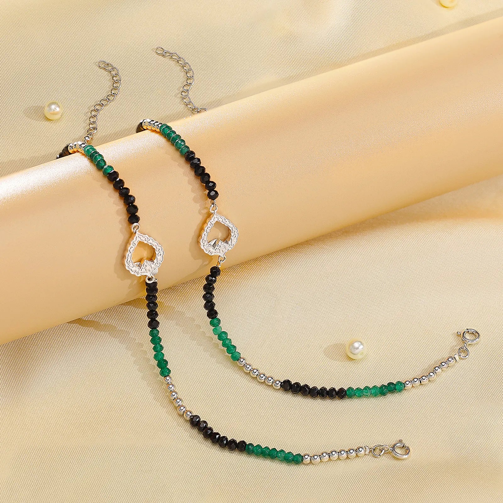 Black-Green Crystal Beaded Silver Heart Anklet