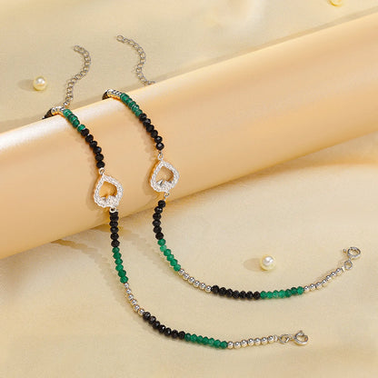 Black-Green Crystal Beaded Silver Heart Anklet