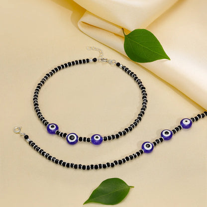 Nazariya Evil Eye Black Beads Silver Anklet