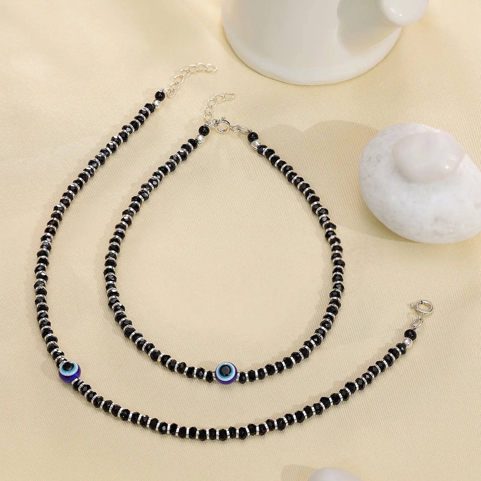Evil Eye Black Bead Silver Anklet - Tweov Jewels