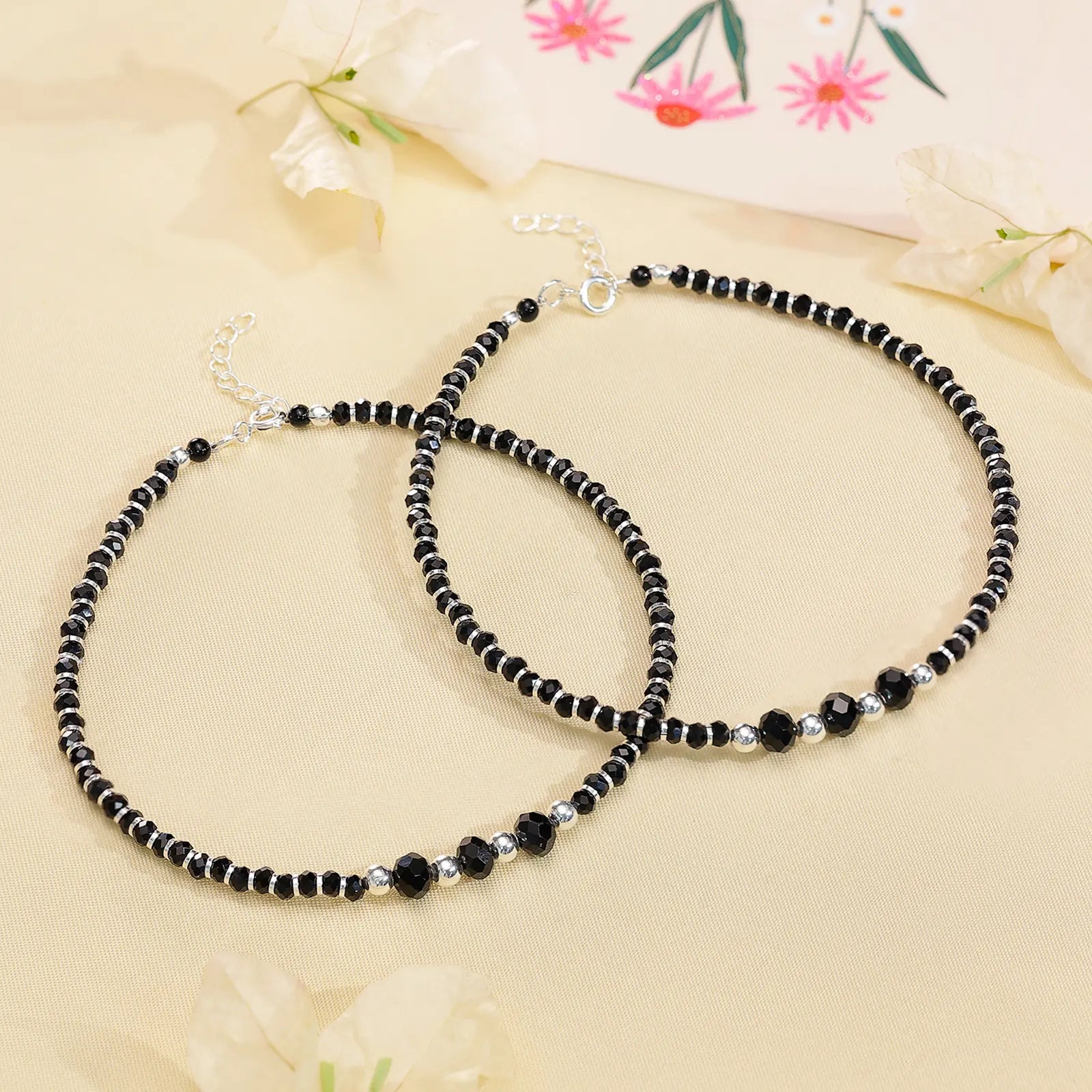 Black Crystal Beaded Silver Anklet
