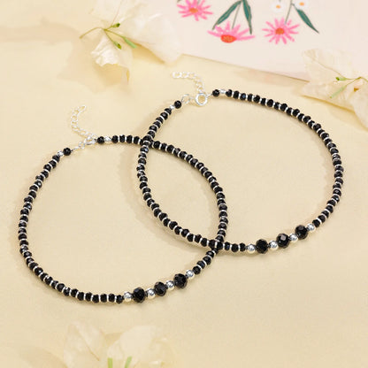 Black Crystal Beaded Silver Anklet