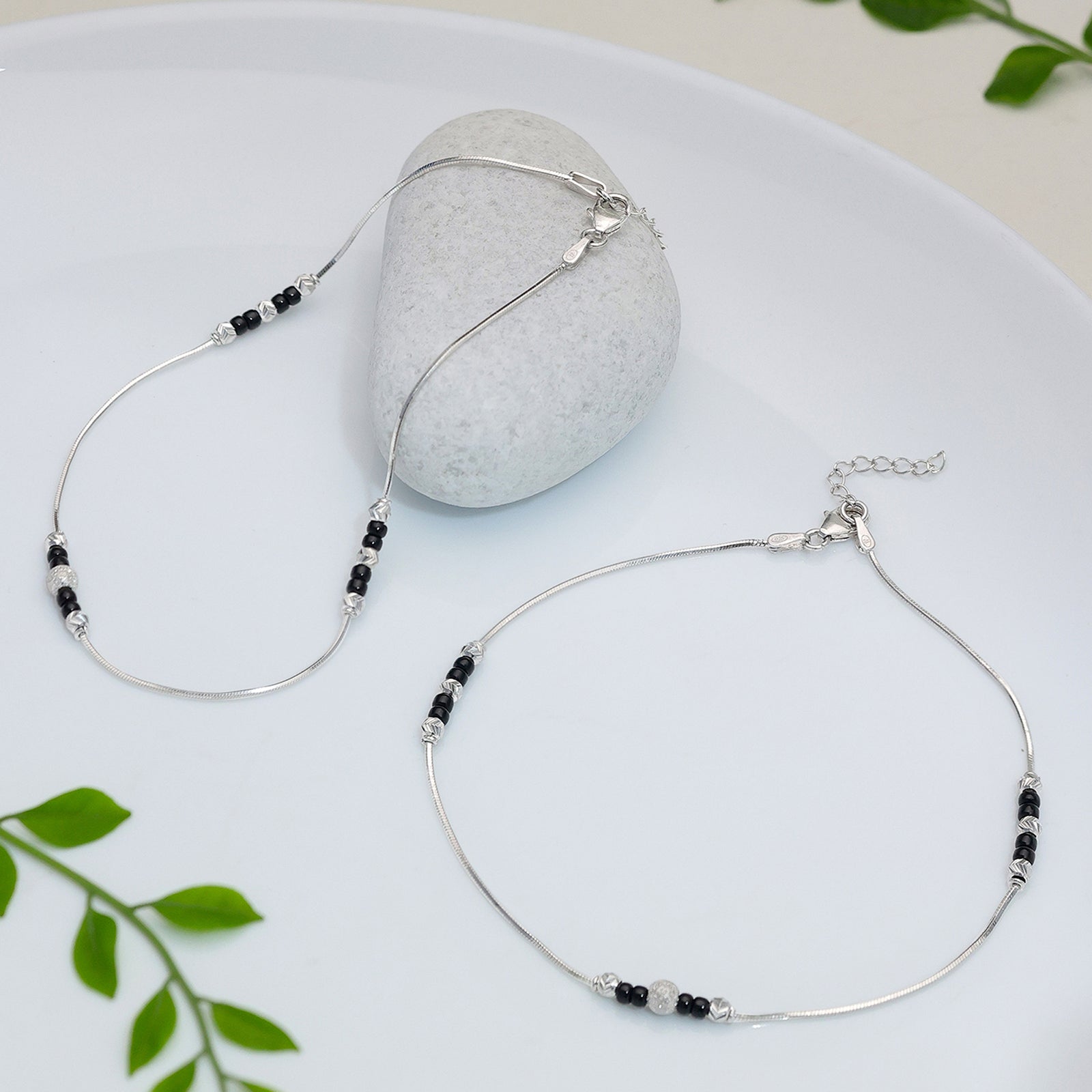 Black Beads Thin Silver Chain Anklet - Tweov Jewels