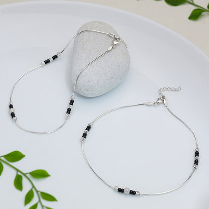Black Beads Thin Silver Chain Anklet - Tweov Jewels