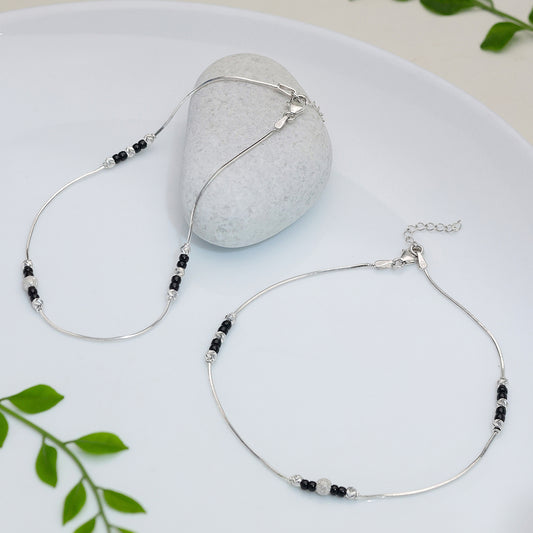 Black Beads Thin Silver Chain Anklet - Tweov Jewels